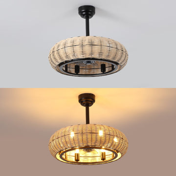 Cassidy 23" 6-Light Modern Bohemian 6-Speed Metal/Rattan Mobile-App/Remote-Controlled Height-Adjustable Lantern LED Ceiling Fan - JONATHAN Y